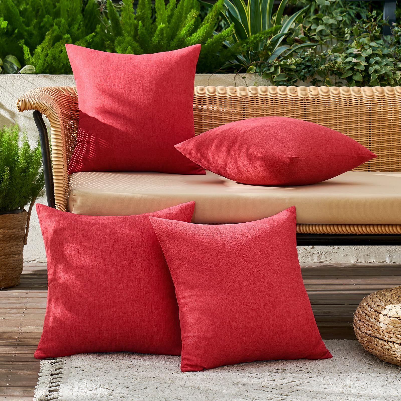 MIULEE Pack of 4 Decorative Outdoor Throw Pillow Covers Linen Waterproof Pillow Covers Summer Farmhouse Cushion Cases for Patio Garden Tent Balcony Couch Sofa 18x18 Inch Red