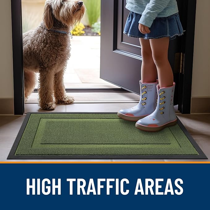 OLANLY Front Door Mat Indoor Outdoor Entrance, Waterproof All-Season, All-Weather Doormat, Sturdy Natural Rubber, Low Profile, Easy Clean Patio Porch Entryway Mat, 47x32, Classic Green