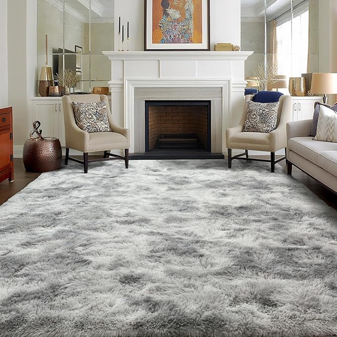 5x8 Ft Large Shag Rugs for Living Room, Tie Dyed Ultra Soft Fluffy Furry Area Rugs for Bedroom Indoor Floor, Aesthetic Carpet for Kids Home Decor (Light Grey)