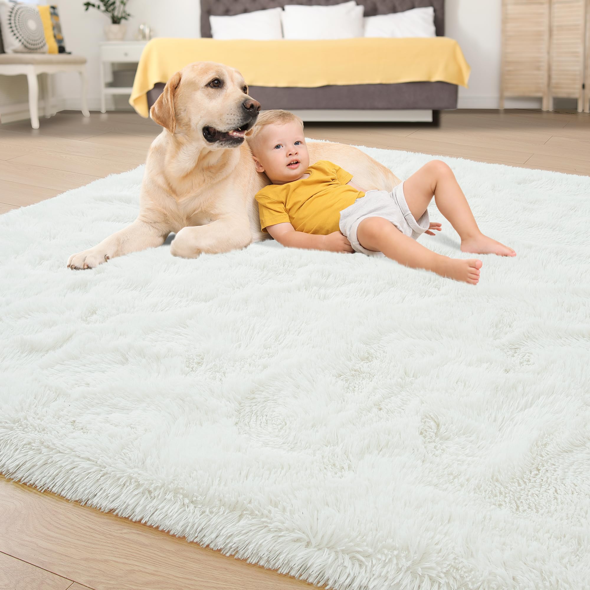 Tepook Fluffy Large Rugs for Living Room, Shag Area Rug 6x9 Soft Carpet for Bedroom, Modern Shaggy Rug for Kids Boys Girls, Plush Indoor Nursery Home Decor Rug with Non-Slip Bottom, Cream White