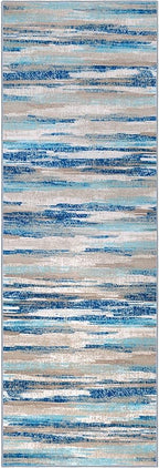 Lansny Modern Abstract Runner Rug 2x12, Blue Washable Long Kitchen Runner Non-Slip Soft Hallway Rug Runner Thin Print Faux Wool Carpet for Entryway Bedroom Laundry Room Indoor Home Decor