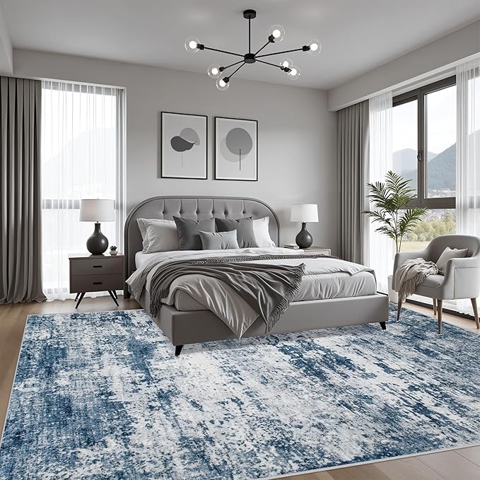 FXRHLP 8x10 Area Rug Living Room: Modern Washable Indoor Soft Carpet Blue