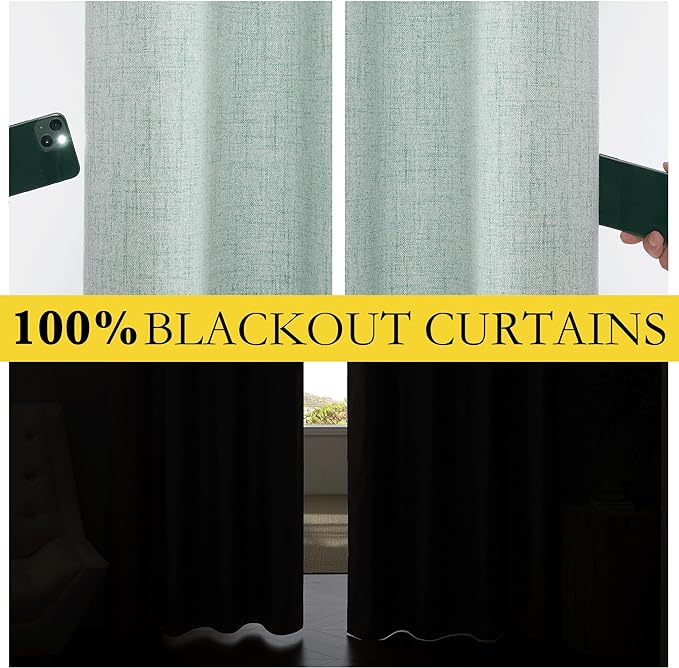 NICETOWN 100% Absolutely Blackout Linen Curtains with Thermal Insulated Liner, Seafoam Green, 52" Wide, 45" Length Energy Saving Curtains for Living Room 2 Panels Set, Vertical Blinds