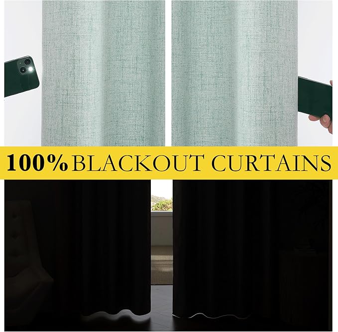 NICETOWN 100% Absolutely Blackout Linen Curtains with Thermal Insulated Liner, Seafoam Green, 62" Wide, 90" Length Energy Saving Curtains for Living Room 2 Panels Set, Vertical Blinds