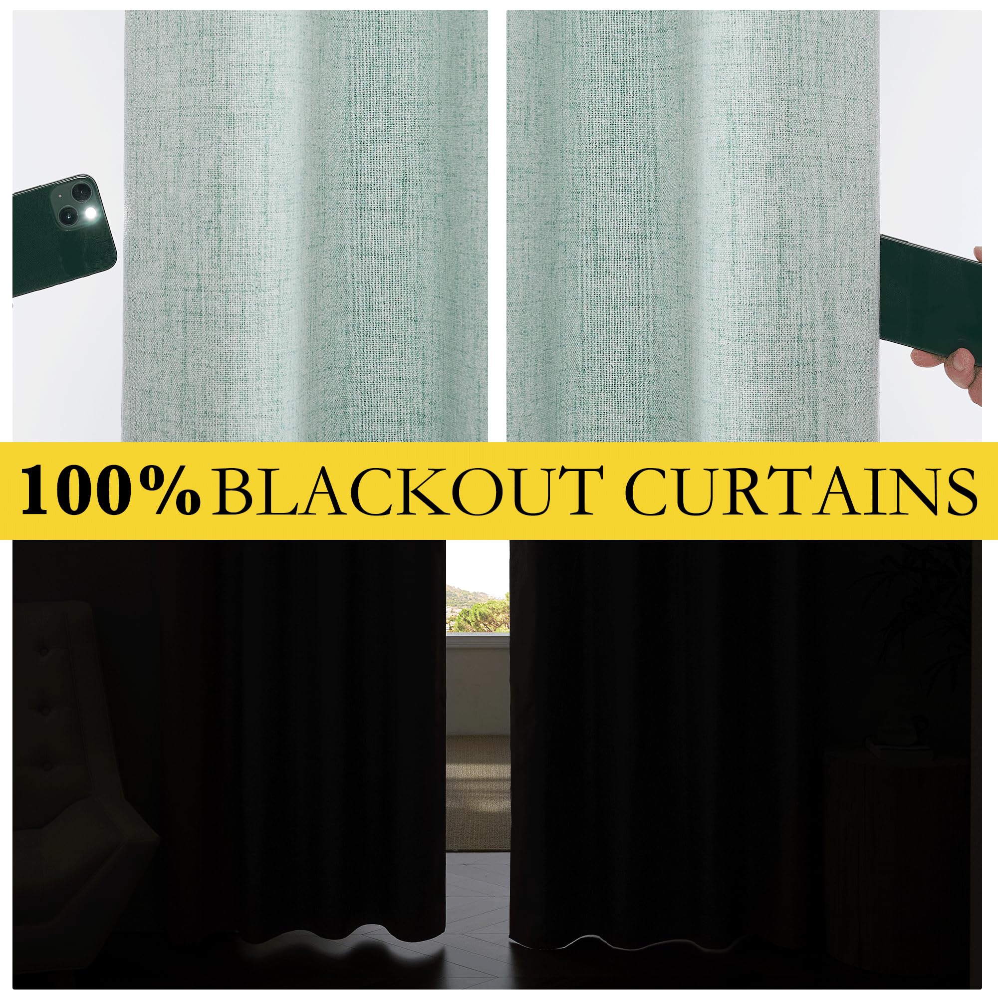 NICETOWN 100% Absolutely Blackout Linen Curtains with Thermal Insulated Liner, Seafoam Green, 62" Wide, 84" Length Energy Saving Curtains for Living Room 2 Panels Set, Vertical Blinds