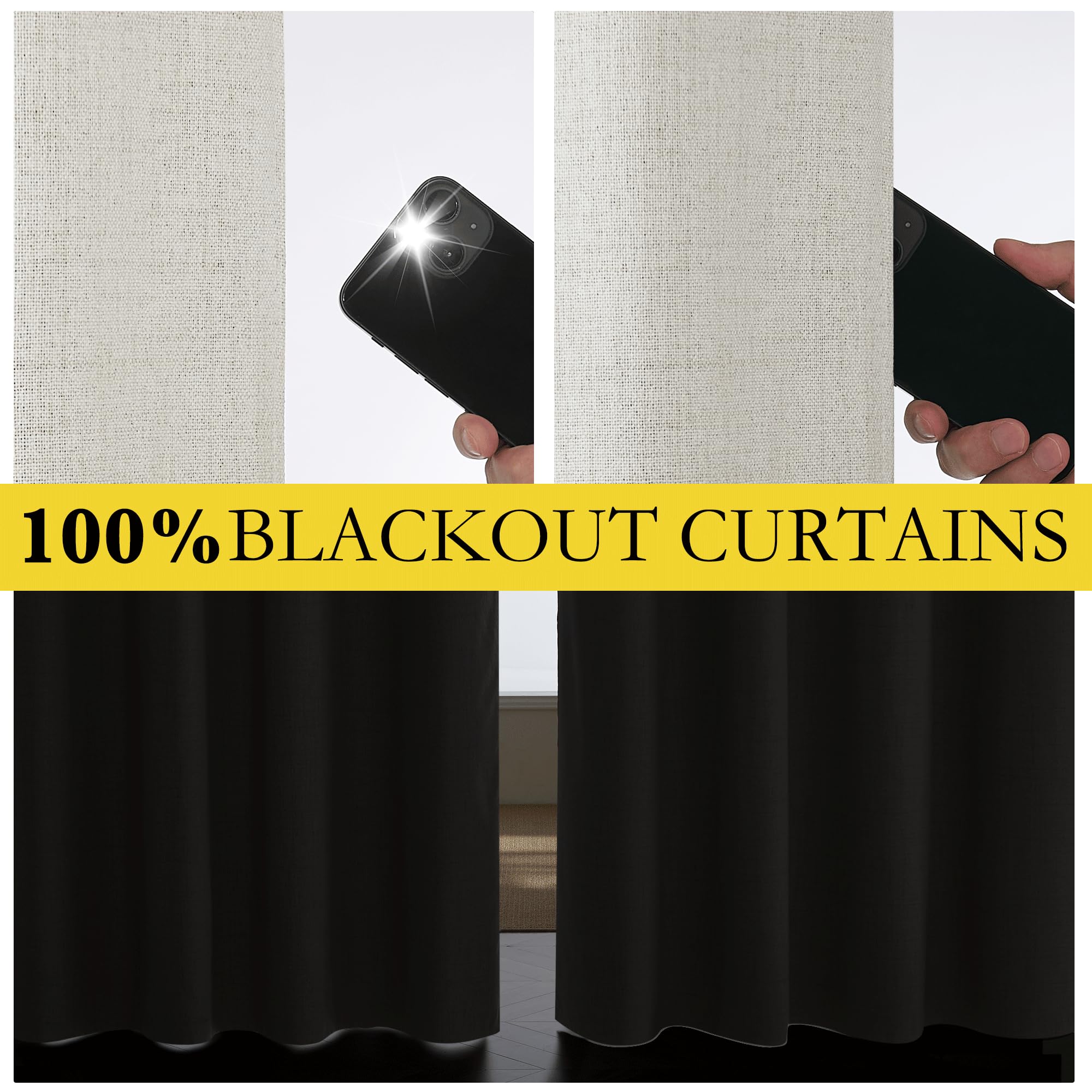 NICETOWN Snowbound Vintage Linen 100% Blackout Curtains for Living Room, Thermal Insulated Curtains 90" Long, Noise Reducing Window Treatment Drapes for Home Office, 62" Wide Per Panel, Set of 2