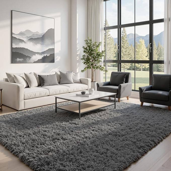 8x10 Fluffy Shag Area Rugs for Living Room Bedroom: Soft Plush Carpet Grey