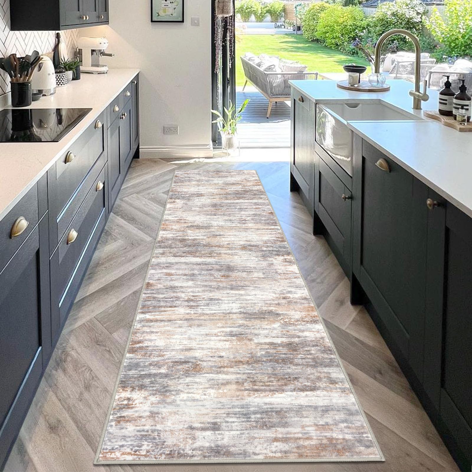 KOZYFLY Modern Abstract Washable Rug Runner 2.6x10 Hallway Rug Runner Non-Slip Soft Kitchen Runner Rugs, Multi Grey/Orange Striped Carpet for Entryway Bathroom