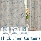 jinchan Floral Linen Curtains for Living Room 63 Inch Length Blue Flower Curtain Rod Pocket Back Tab Farmhouse Curtains with Printed Floral Bedroom Window Curtain Set, 2 Panels Blue