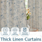 jinchan Floral Linen Curtains for Living Room 63 Inch Length Blue Flower Curtain Rod Pocket Back Tab Farmhouse Curtains with Printed Floral Bedroom Window Curtain Set, 2 Panels Blue