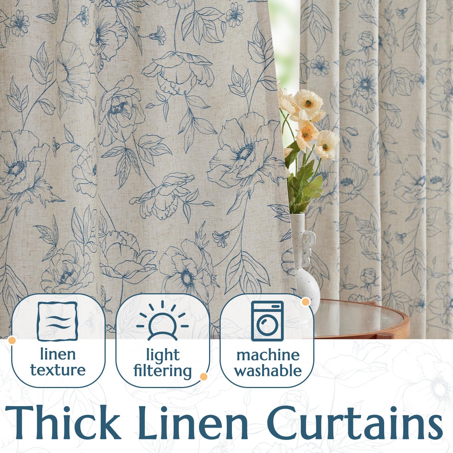 jinchan Floral Linen Curtains for Living Room 63 Inch Length Blue Flower Curtain Rod Pocket Back Tab Farmhouse Curtains with Printed Floral Bedroom Window Curtain Set, 2 Panels Blue