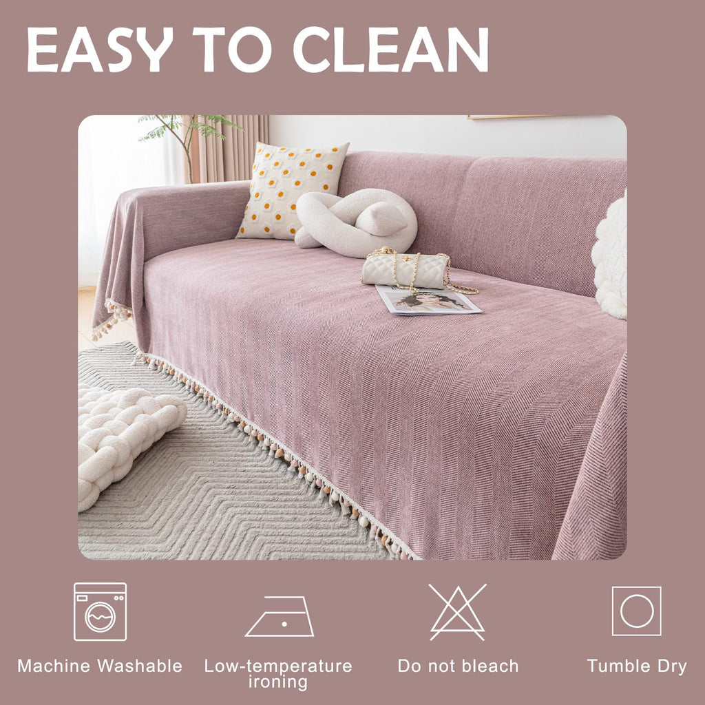 HANDONTIME Soild Couch Covers for Dogs Pink-Purple Sofa Covers Boho Cover for Sofa 3 Seats Chenille Sofa Throw Cover Mauve Sofa Covers for 3 Cushion Couch Tassel, Washable, Pet Friendly, 91" X150"