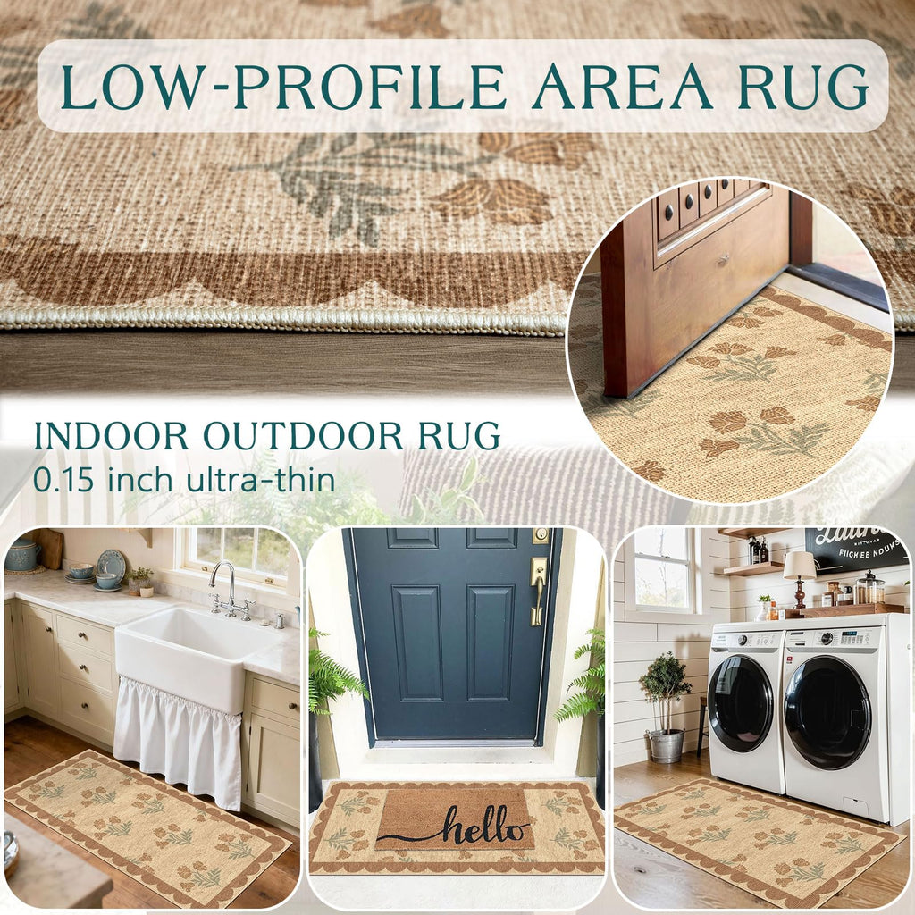 Othilic Front Door Mat Indoor Entrance - 2x4.3 Ft Tan Floral Washable Layered Doormat Outdoor Entrance Porch Rug Non-Slip Neutral Country Jute-Look Runner Rug for Kitchen Mud Laundry Room Porch Decor