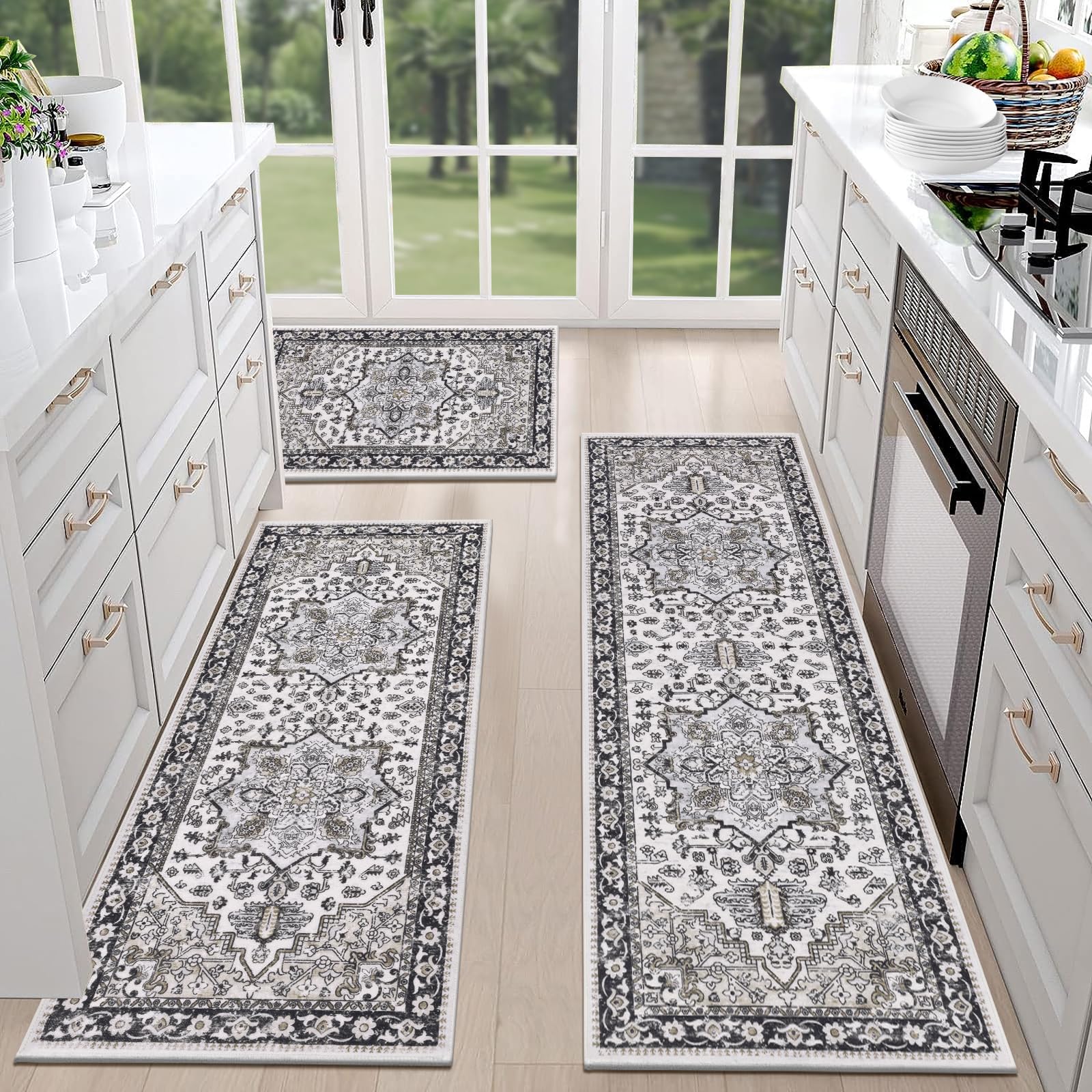 HEBE Boho Kitchen Rugs Set of 3, Non Slip Washable Kitchen Mats for Floor