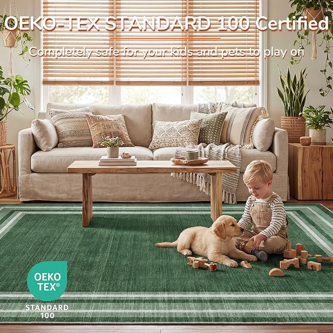 OPPODREAM Border Soft Area Rugs 6x9, Washable Green Rug with Non Slip Backing, 6 x 9 Faux Cashmere Low-Pile 6x9 Carpet