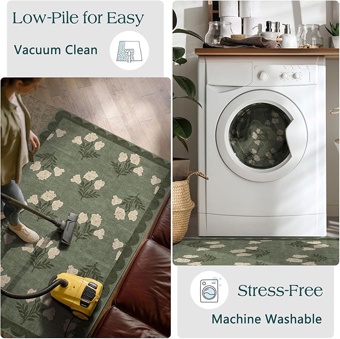 Othilic 3x5 Floral Entry Rug - Small Washable Indoor Outdoor Mats for Front Door Non-Slip Spring Porch Rug Sage Green Farmhouse Throw Rugs for Living Room Bedroom Entryway Kitchen Office Porch Decor