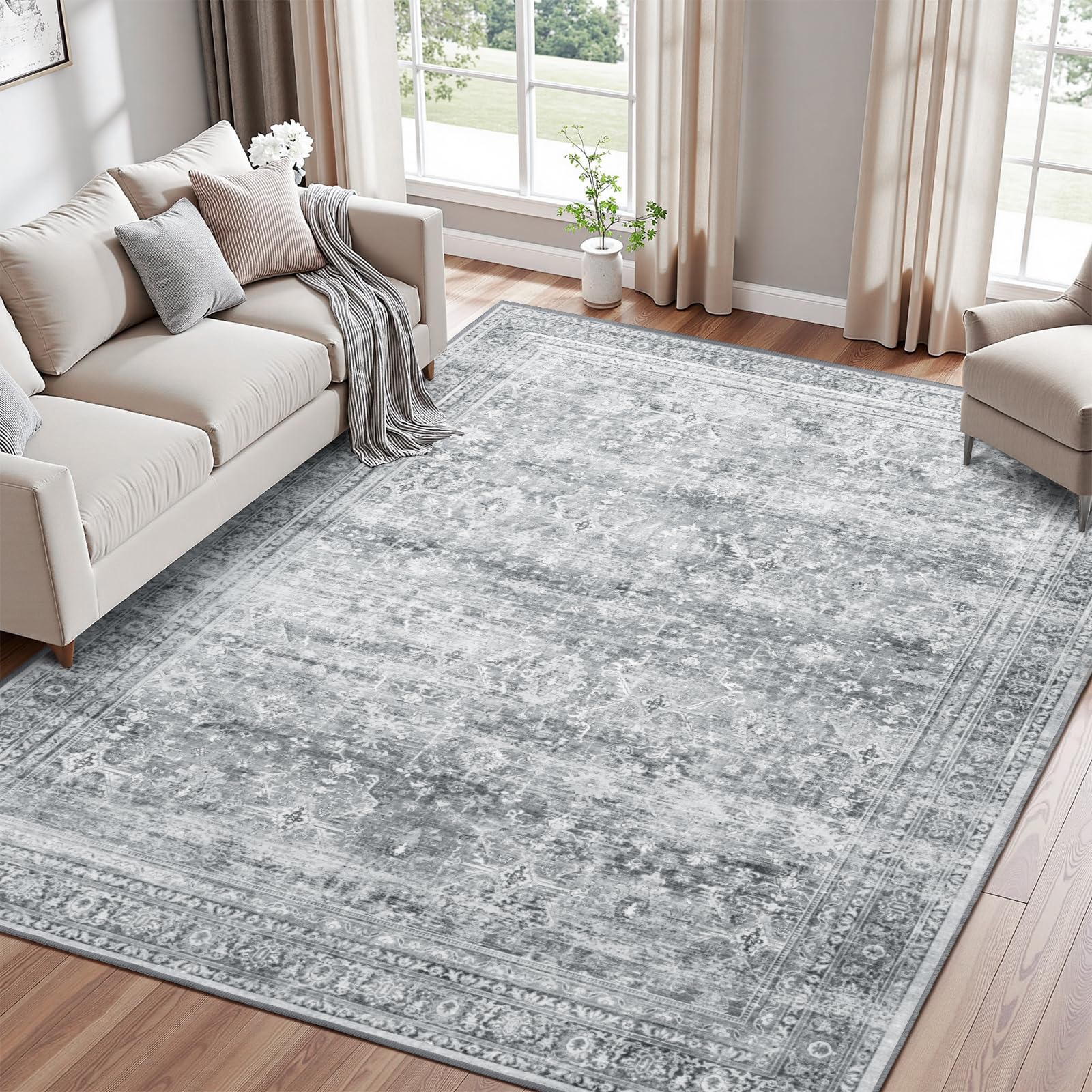 5x7 Area Rug for Living Room Bedroom, Non-Slip Washable Grey Carpet