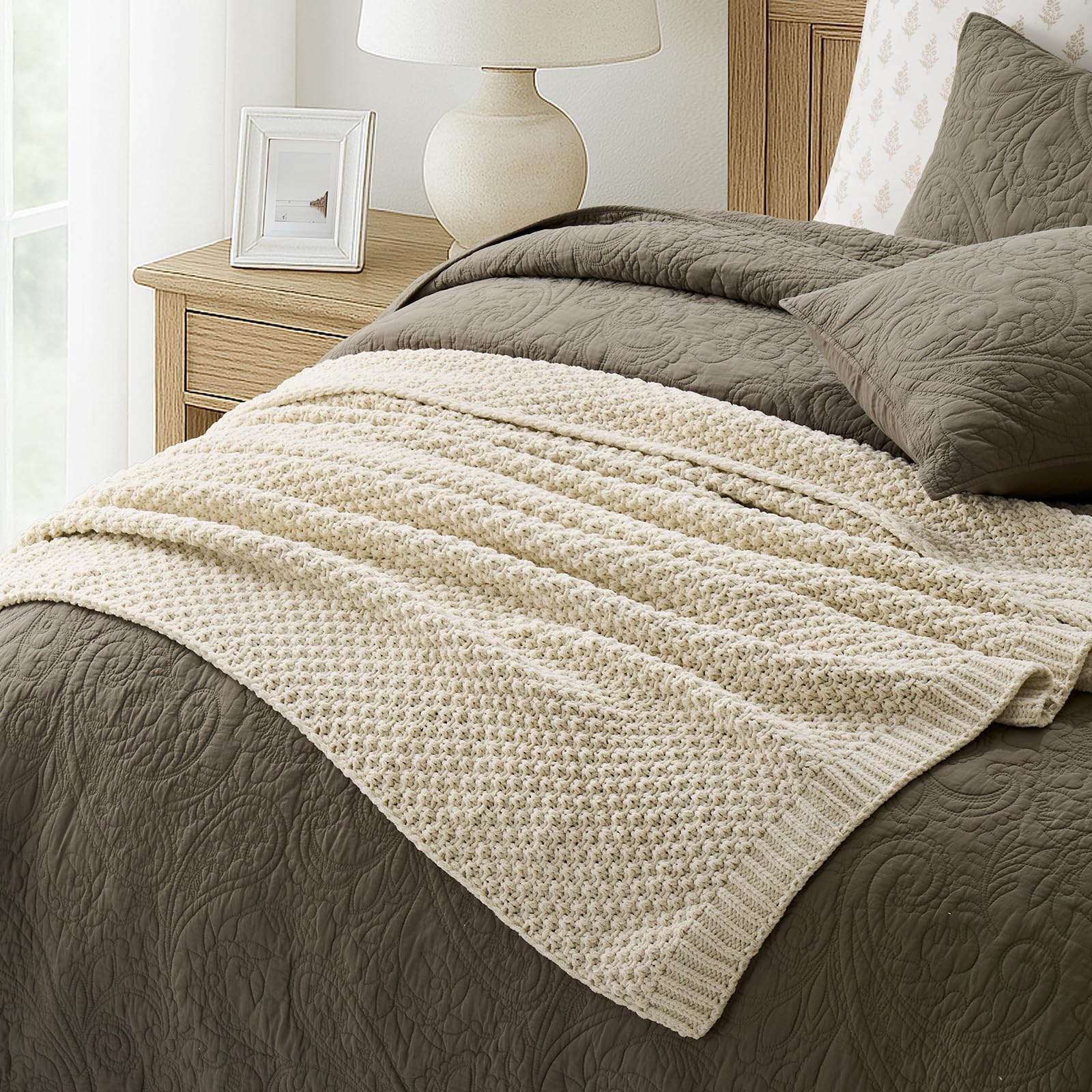 EVERGRACEHOME Chunky Chenille Knit Throw Blanket, 50 x 60, Beige