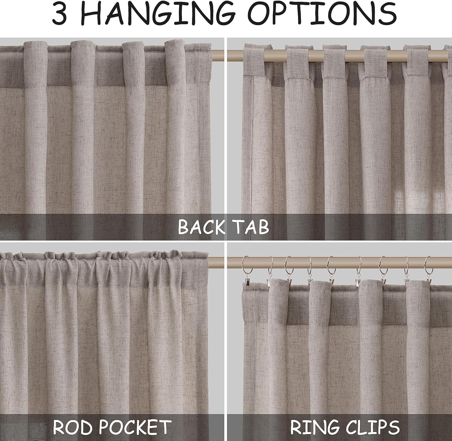Brownish Grey Linen Curtains for Living Room Extra Long 126 Inches Long Back Tab Light Filtering Semi Sheer Curtain Modern Farmhouse Decor Floor to Ceiling High Window for Bedroom 52x126, 2 Panels