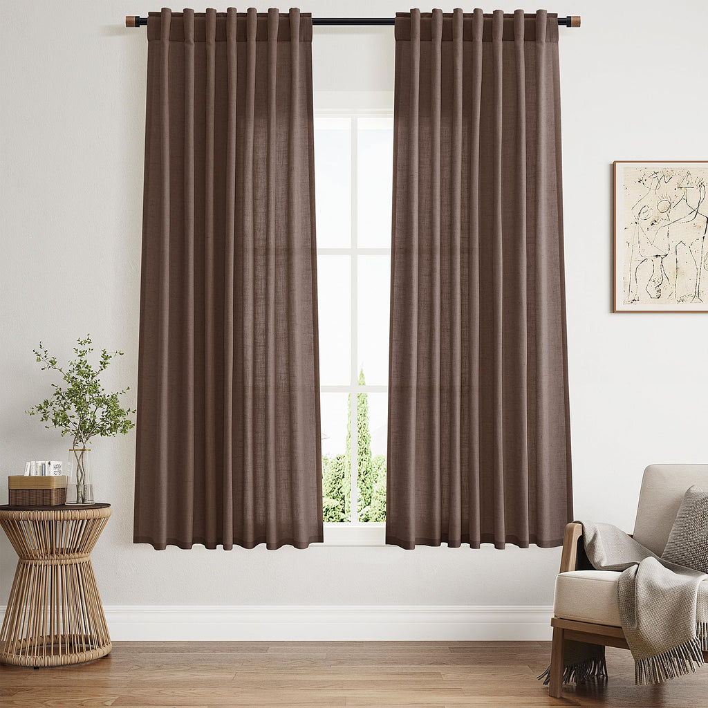 Cappuccino Curtains 63 Inches Long 2 Panel Sets for Living Room Bedroom, Light Filtering Linen Drapes for Kitchen Windows Rod Pocket or Back Tab Curtain,Semi Sheer 52x63