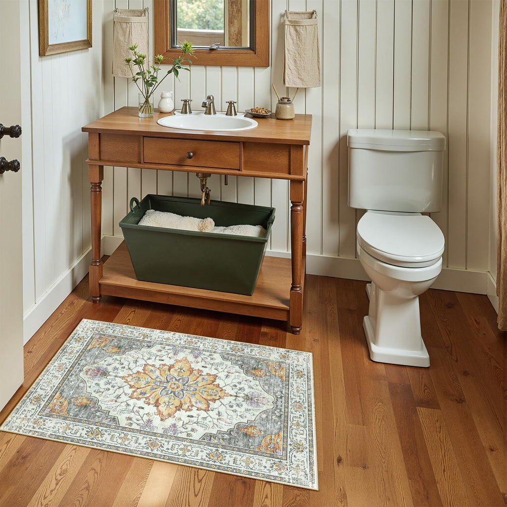 RELEANY Washable Area Rug, Small 2'x3', Beige/Carbon Grey/Orange