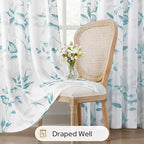 HOMEIDEAS Non-See-Through Teal and White Privacy Sheer Curtains 52 X 63 Inch Length 2 Panels, Leaf Floral Printed Light Filtering Semi Sheer Window Curtains Drapes for Bedroom Living Room
