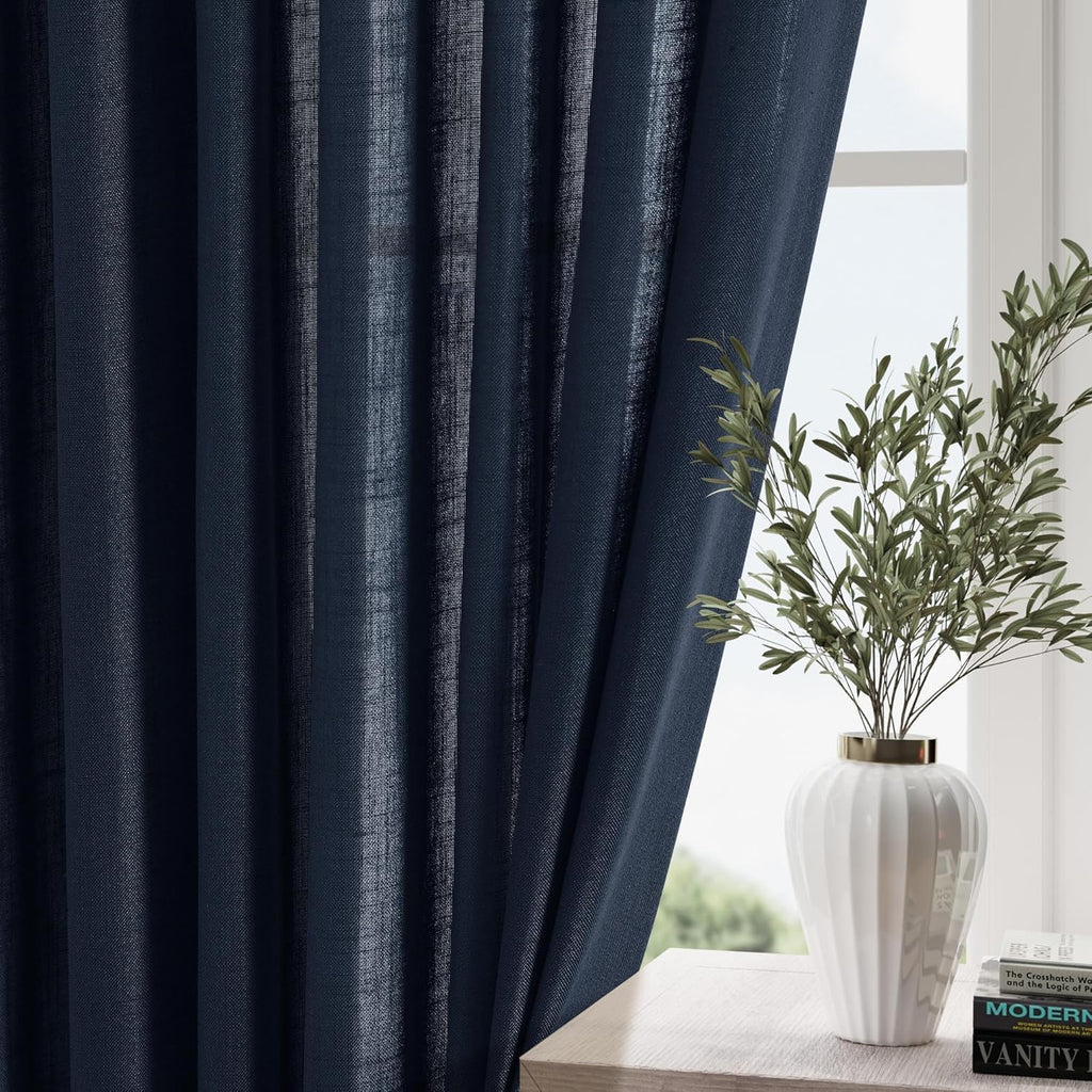 Navy Blue Linen Sheer Curtains 108 Inches Long Back Tab Rod Pocket 2 Panels Semi Sheer Extra Long Curtains Light Filtering Modern Boho Drapes for Living Room Luxury Floor Length Curtain 9Ft 40x108