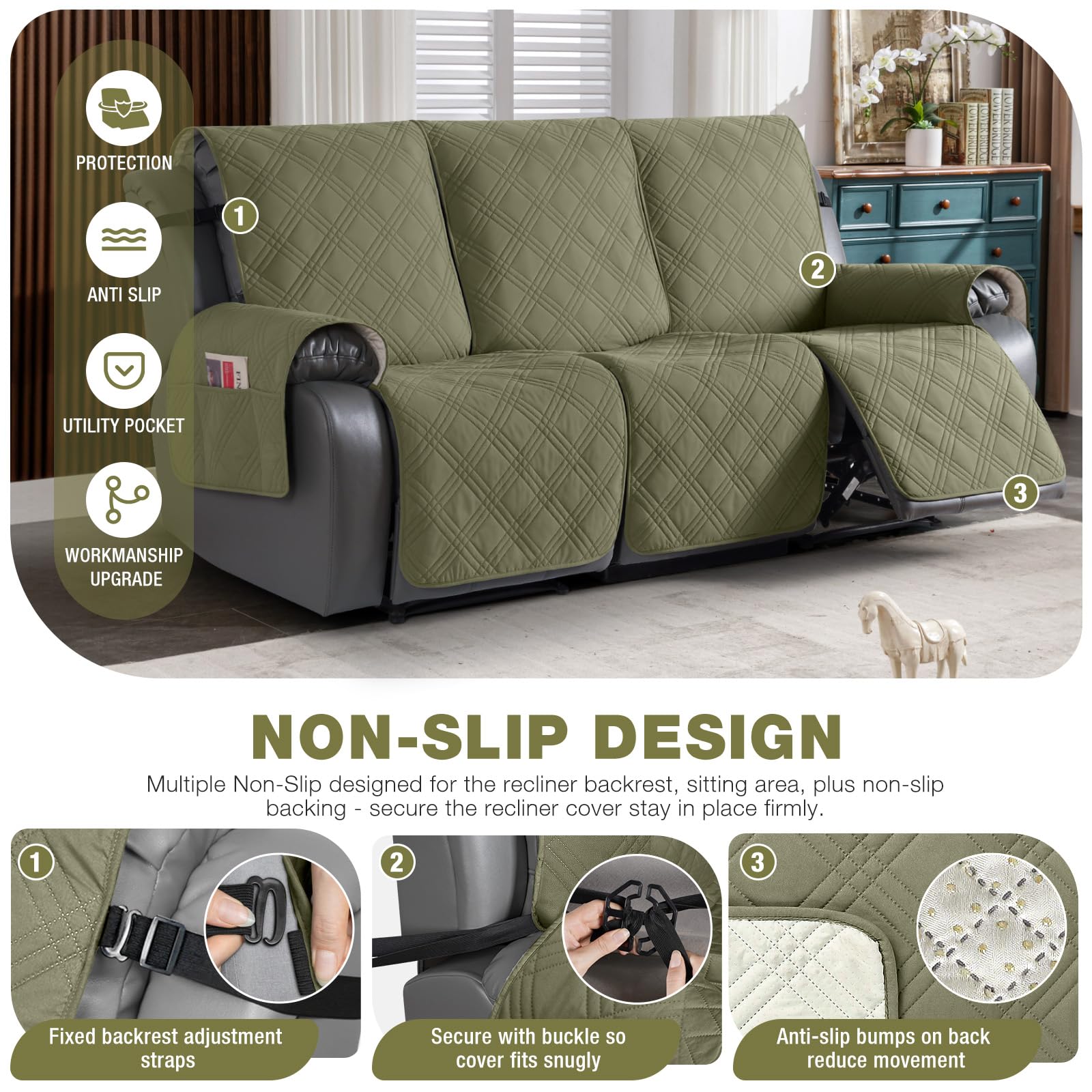 TAOCOCO 100% Waterproof Recliner Sofa Cover, Non Slip Split Couch Covers for Reclining Couches with Straps, Washable Reclining Sofa Cover Furniture Protector for Kids Pets(3 Seater, Green)