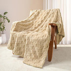 Exclusivo Mezcla Fleece Throw Blanket for Couch,Super Soft and Warm Lightweight Checkered Pattern Blankets for All Seasons,50x60 Inches, Beige
