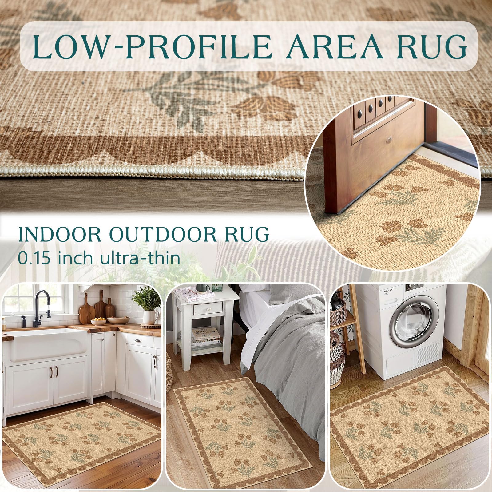 Othilic Front Door Mat Outside Entrance - 2x3 Floral Non-Slip Washable Doormat Indoor Outdoor Mat Jute-Look Farmhouse Tan Scalloped Entry Rug Small Throw Rugs for Entryway Kitchen Front Porch Decor