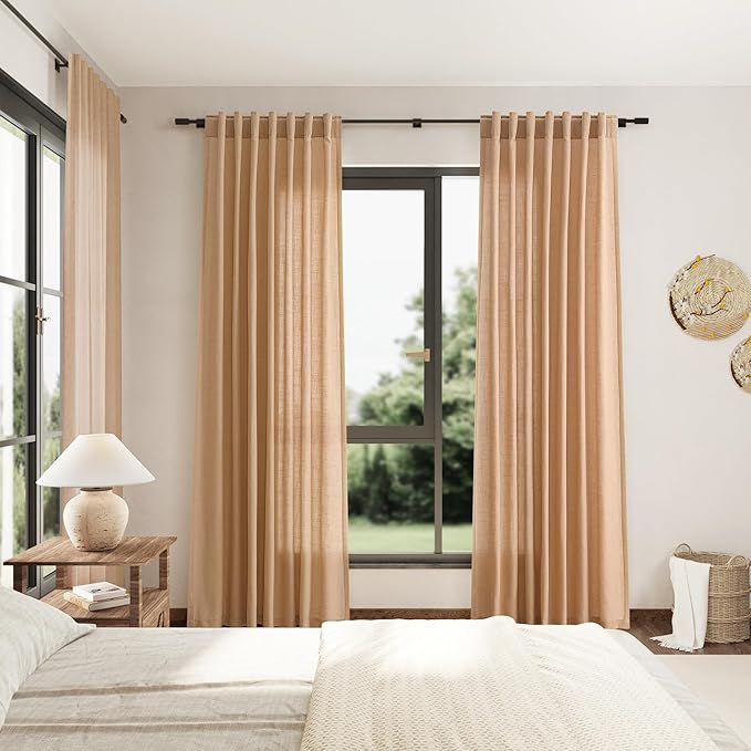 Nanspring Camel Linen Curtains 2 Panels Set for Living Room Back Tab Rod Pocket Window Drapes Light Filtering Semi Sheer Elegant Farmhouse Curtain 100 Inches Long for Dining Room Bedroom 52x100