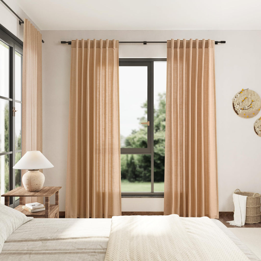 Camel Linen Curtains 90 Inch Length 2 Panels Set for Living Room Rod Pocket Back Tab Window Drapes Light Filtering Elegant Farmhouse Curtain 90 Inches Long for Dining Room Bedroom Nursery 52x90
