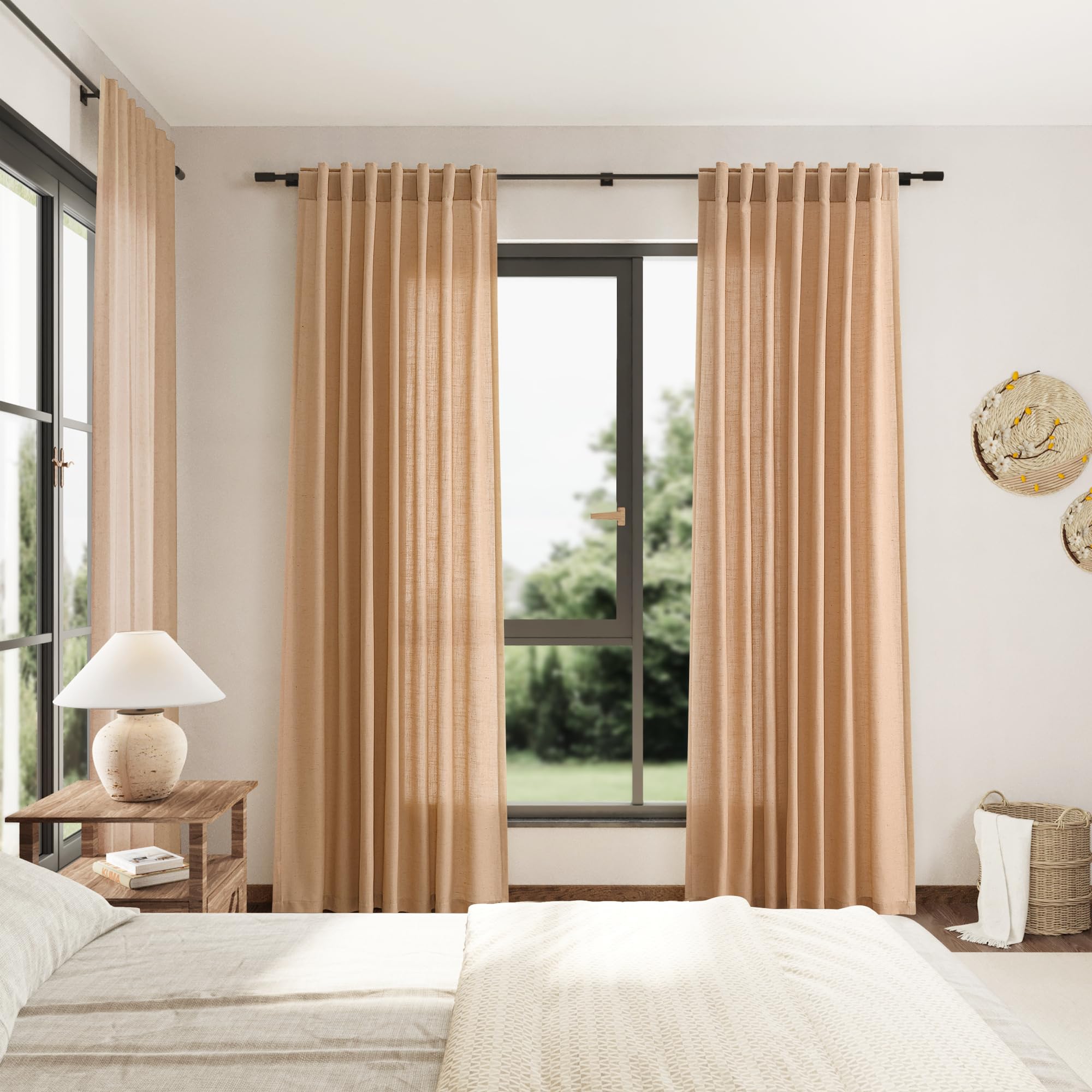 Camel Linen Curtains 90 Inch Length 2 Panels Set for Living Room Rod Pocket Back Tab Window Drapes Light Filtering Elegant Farmhouse Curtain 90 Inches Long for Dining Room Bedroom Nursery 52x90