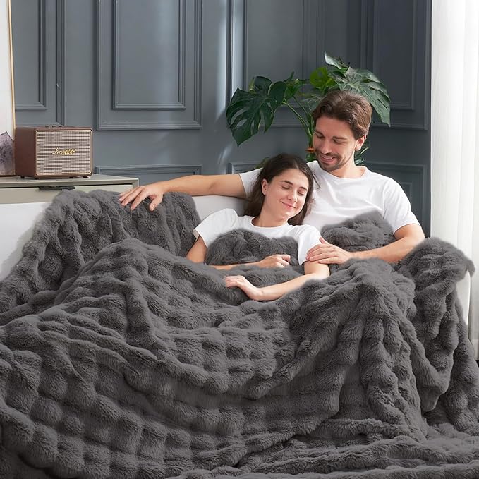 Cozy Bliss Faux Fur Bubble Throw for Couch, Fuzzy Soft Plush Thick Blanket for Sofa Bed Gift, 50x60 Inches Charcoal Grey