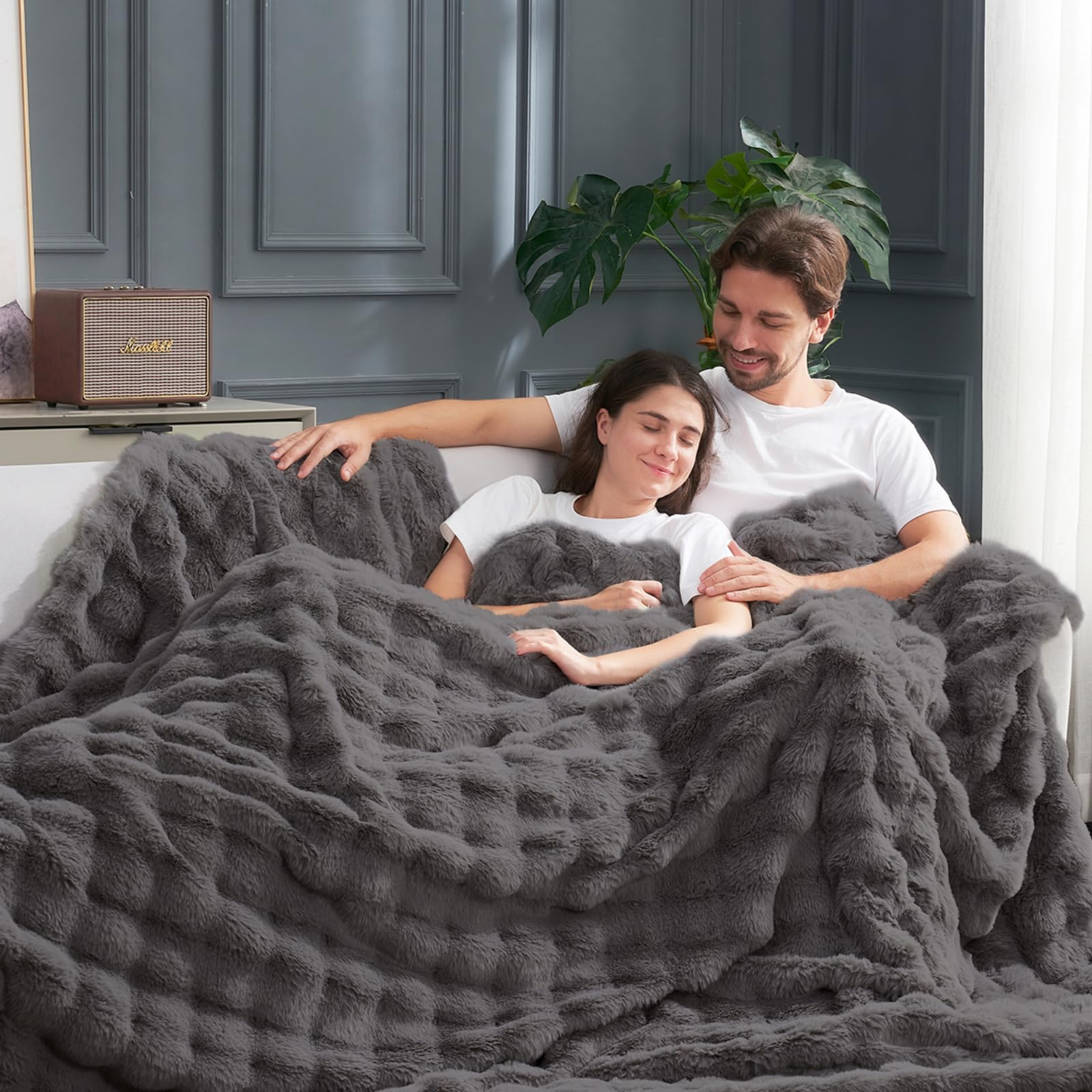 Cozy Bliss Faux Fur Bubble Throw for Couch, Fuzzy Soft Plush Thick Blanket for Sofa Bed Gift, 50x60 Inches Charcoal Grey