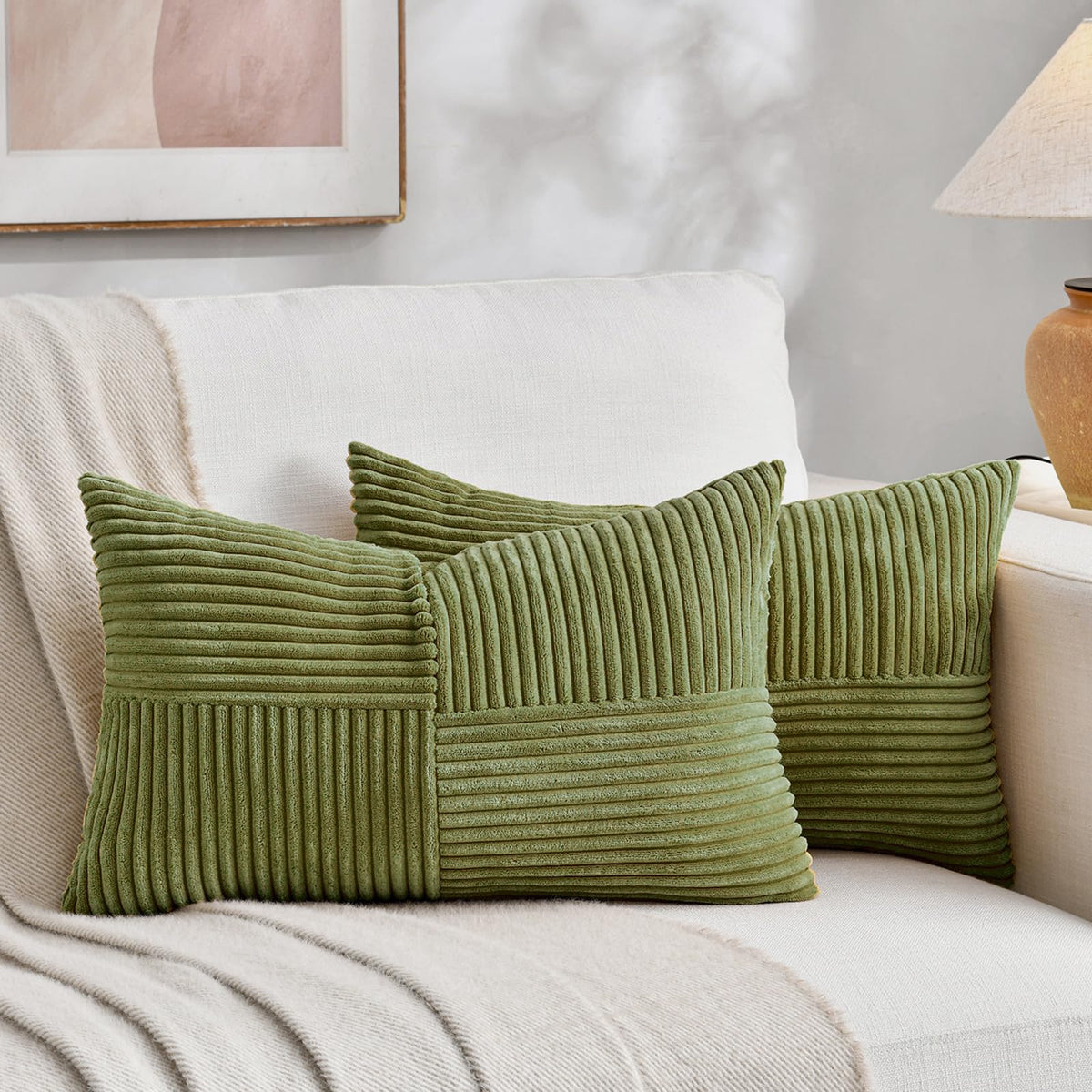 Fancy Homi Set of 2 Dark Green Lumbar Decorative Throw Pillow Covers 14x22 Inch for Living Room Couch Bed, Boho Farmhouse Forest Green Home Decor, Soft Corduroy Corss Patchwork Cushion Case