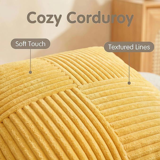 Fancy Homi 2 Packs Yellow Decorative Throw Pillow Covers 20x20 Inch for Living Room Couch Bed Sofa, Rustic Farmhouse Boho Home Decor, Soft Corss Corduroy Patchwork Accent Square Cushion Case 50x50 cm