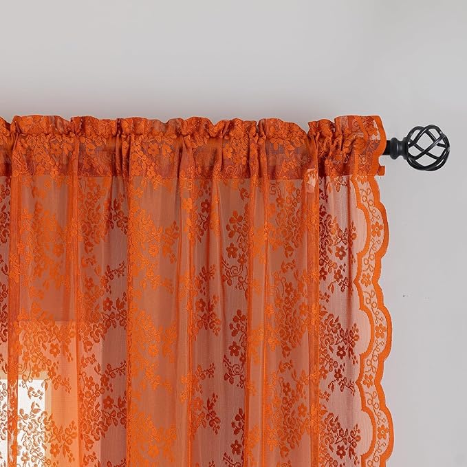 YJ YANJUN Vintage Lace Curtains 90 Inches Long-Rustic Floral Burnt Orange Sheer Curtain Panels for Bedroom Dining Room Office,Light Filtering, Boho Neutral Aesthetic Decor 52 Wx90L Terracotta