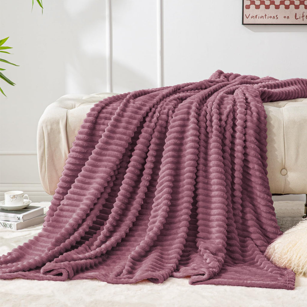 BEDELITE 3D Ribbed Jacquard Plum Fleece Twin Blanket for Bed, 60x80 Inch
