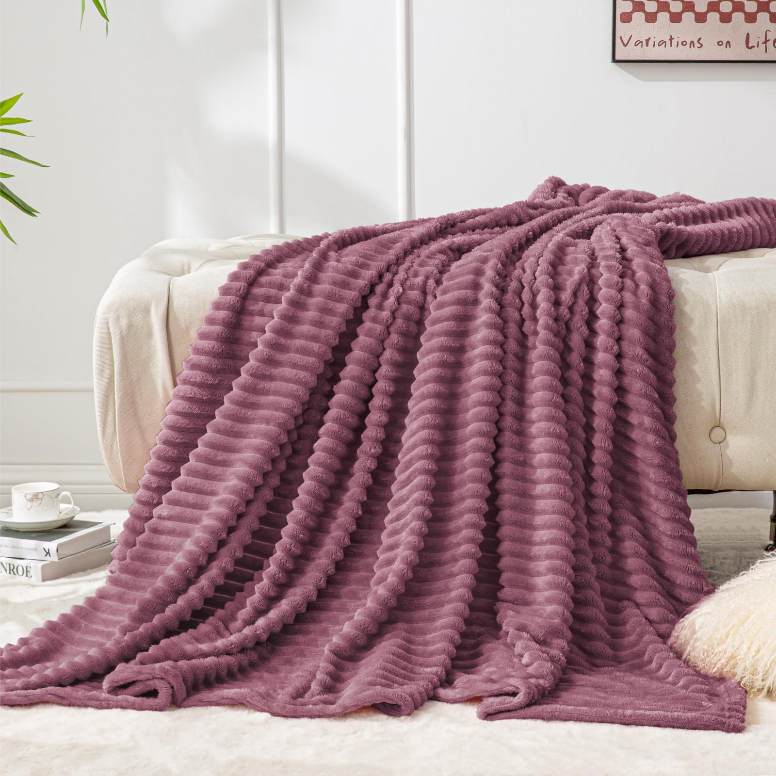 BEDELITE 3D Ribbed Jacquard Plum Fleece Twin Blanket for Bed, 60x80 Inch