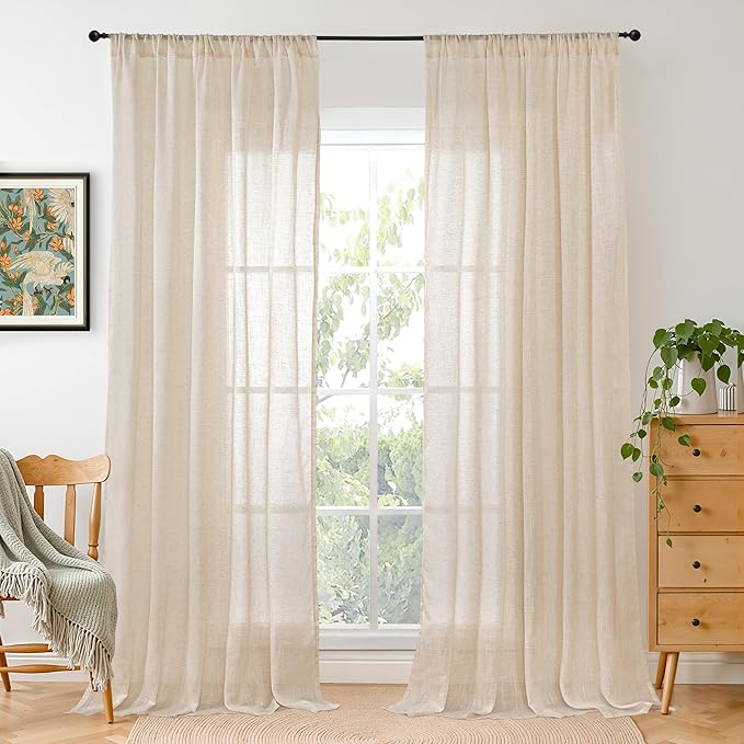 BGment Long Linen Curtains 102 Inch Length for Living Room Window, Semi Sheer Natural Textured Drapes for Bedroom Dining Farmhouse Decorative Rustic Rod Pocket Lightweight, 2 Panels, Each 52 Inch Wide