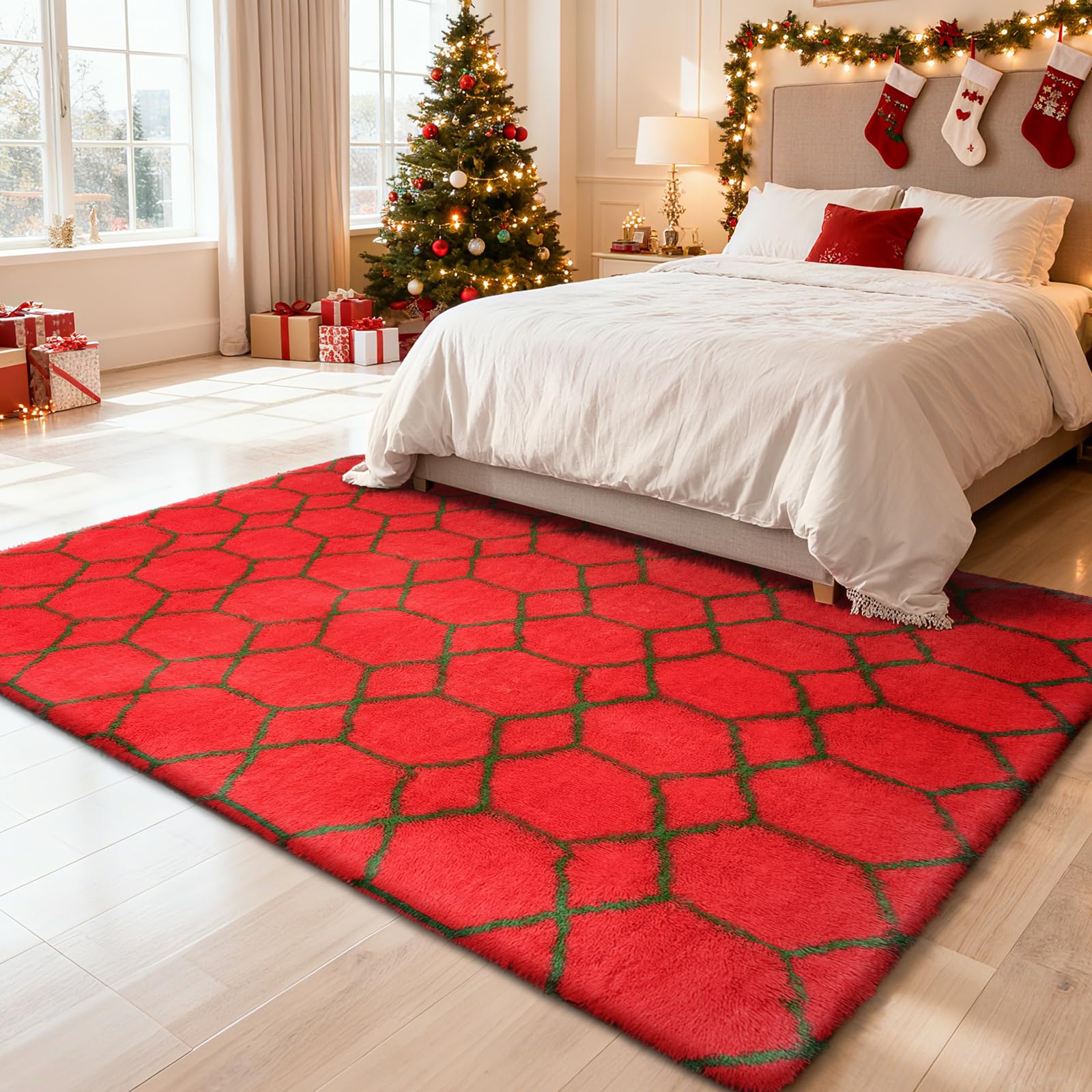 5x8 Shag Area Rug for Bedroom,Red and Green Fluffy Rugs for Living Room