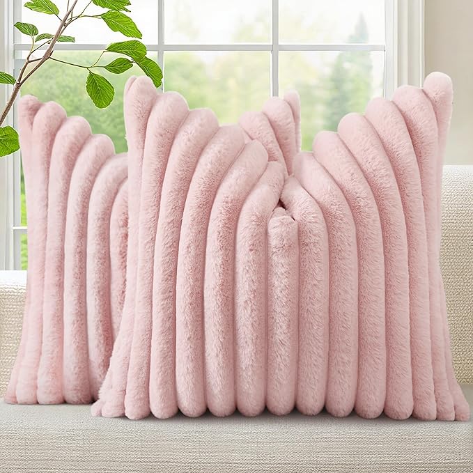 decorUhome Fall Faux Fur Throw Pillow Covers 20x20 Set of 2 Pink