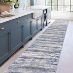 KOZYFLY Modern Abstract Washable Rug Runner 2.6x16 Hallway Rug Runner Non-Slip Soft Kitchen Runner Rugs, Grey-Blue Striped Carpet for Stair Entryway Bathroom Laundry Room Foyer