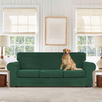 WEERRW 4 Pieces Velvet High Stretch Couch Covers for 3 Cushion Couch Sofa Slipcovers, Washable Furniture Protector with Non Slip Elastic Bottom, Feature Soft Plush Fabric, Emerald Green, Large