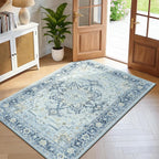 Lofus 3x5 Area Rugs for Entryway, Machine Washable Small Living Room Area Rug, Low Pile Non-Slip Rugs for Bedroom, Kitchen, Home Office, Vintage Oriental Print Rug, Blue Gold