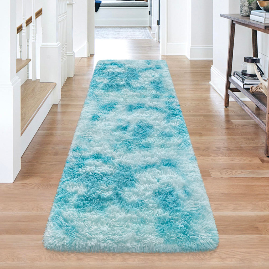 Tie-Dyed Sky Blue 2x6 Machine Washable Runner Rugs for Hallway Soft Fluffy Shaggy Bedside Rugs for Bedroom Living Room Indoor Floor Carpet for Kids Girls and Boys Nursery Rooms Home Decor Aesthetic