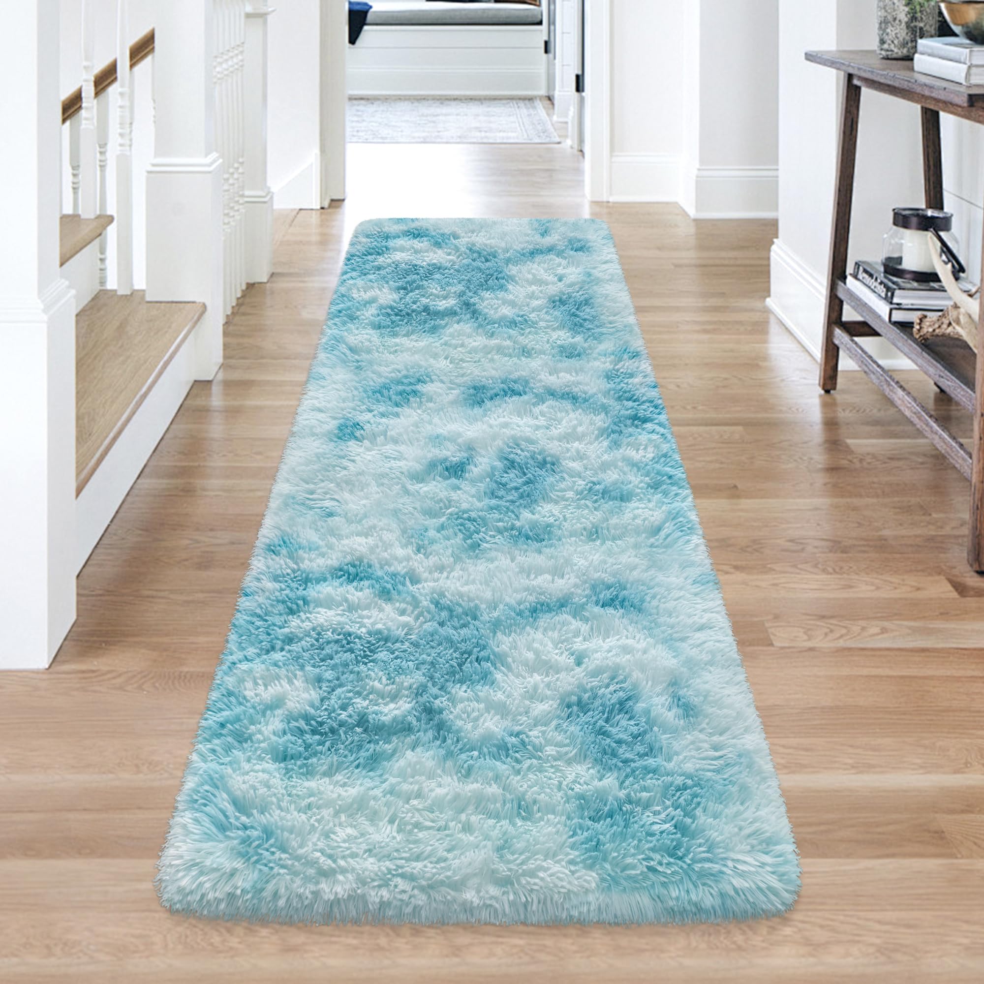 Tie-Dyed Sky Blue 2x6 Machine Washable Runner Rugs for Hallway Soft Fluffy Shaggy Bedside Rugs for Bedroom Living Room Indoor Floor Carpet for Kids Girls and Boys Nursery Rooms Home Decor Aesthetic