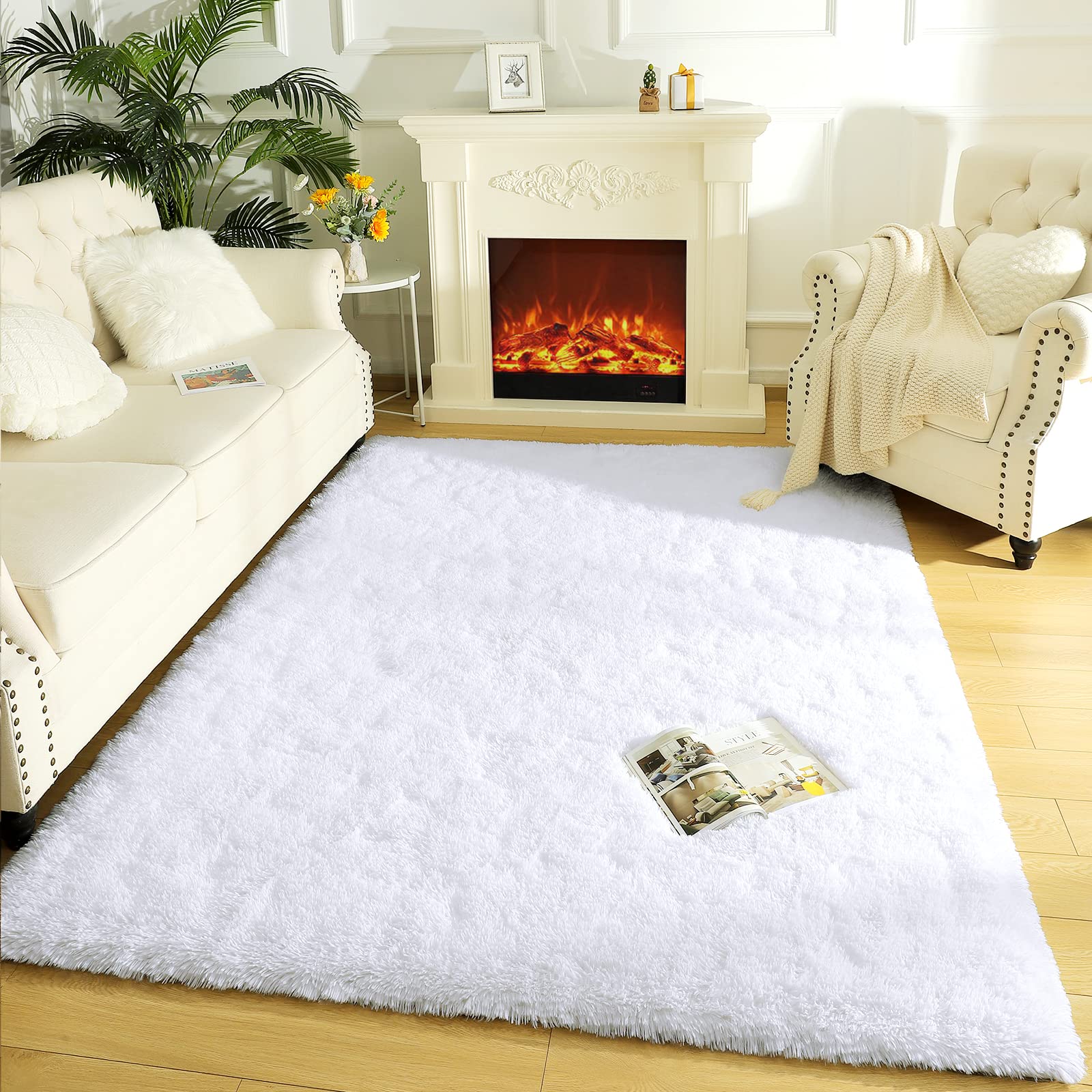 LOCHAS Area Rugs Fluffy Living Room Carpets for Kids Bedroom 5.3x7.5, White