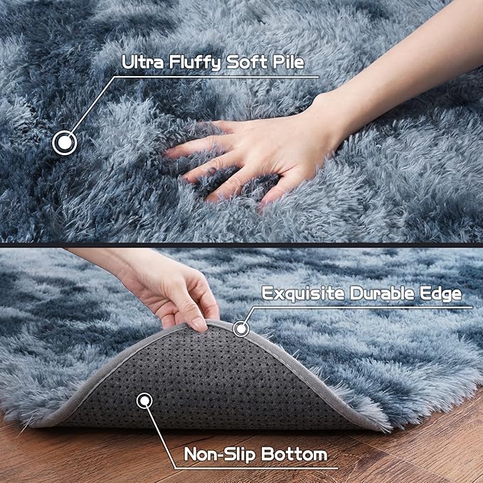 Pionblank Fluffy Runner Rugs for Bedroom 2x6, Modern Shaggy Area Rug for Hallway Living Room, Plush Soft Fuzzy Bedside Carpet for Kids Girls Boys Room Nursery Decor, Blue Grey